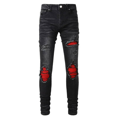 Men's Cracked Red Pleated Patch Biker Jeans Streetwear Patchwork Stretch Denim Pants Skinny Tapered Black