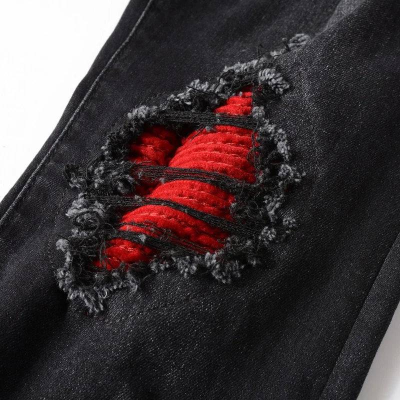 Men's Cracked Red Pleated Patch Biker Jeans Streetwear Patchwork Stretch Denim Pants Skinny Tapered Black