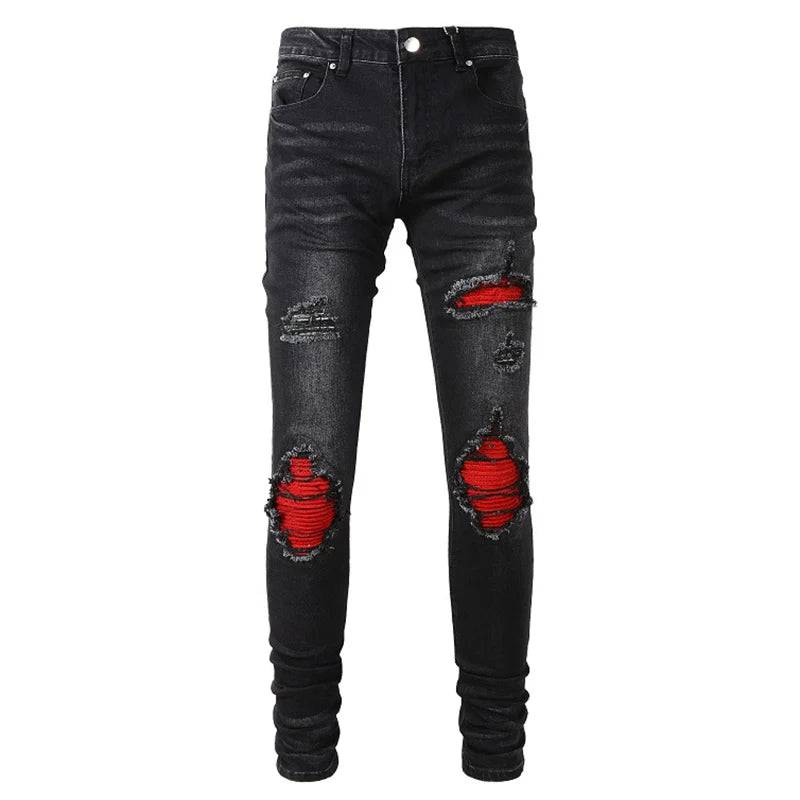 Men's Cracked Red Pleated Patch Biker Jeans Streetwear Patchwork Stretch Denim Pants Skinny Tapered Black - Xmaker