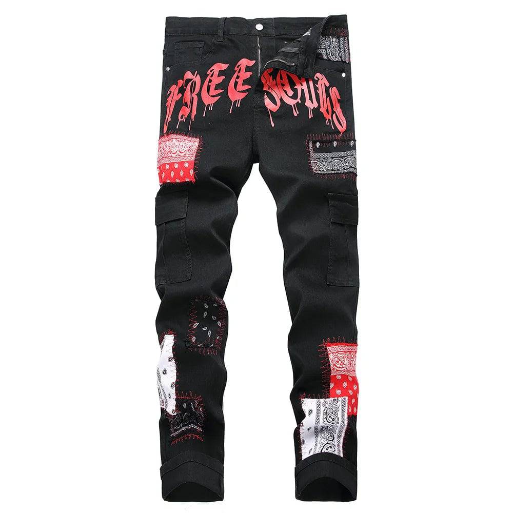 Men Bandana Paisley Patches Jeans Pockets Cargo Black Stretch Letters Print Slim Tapered