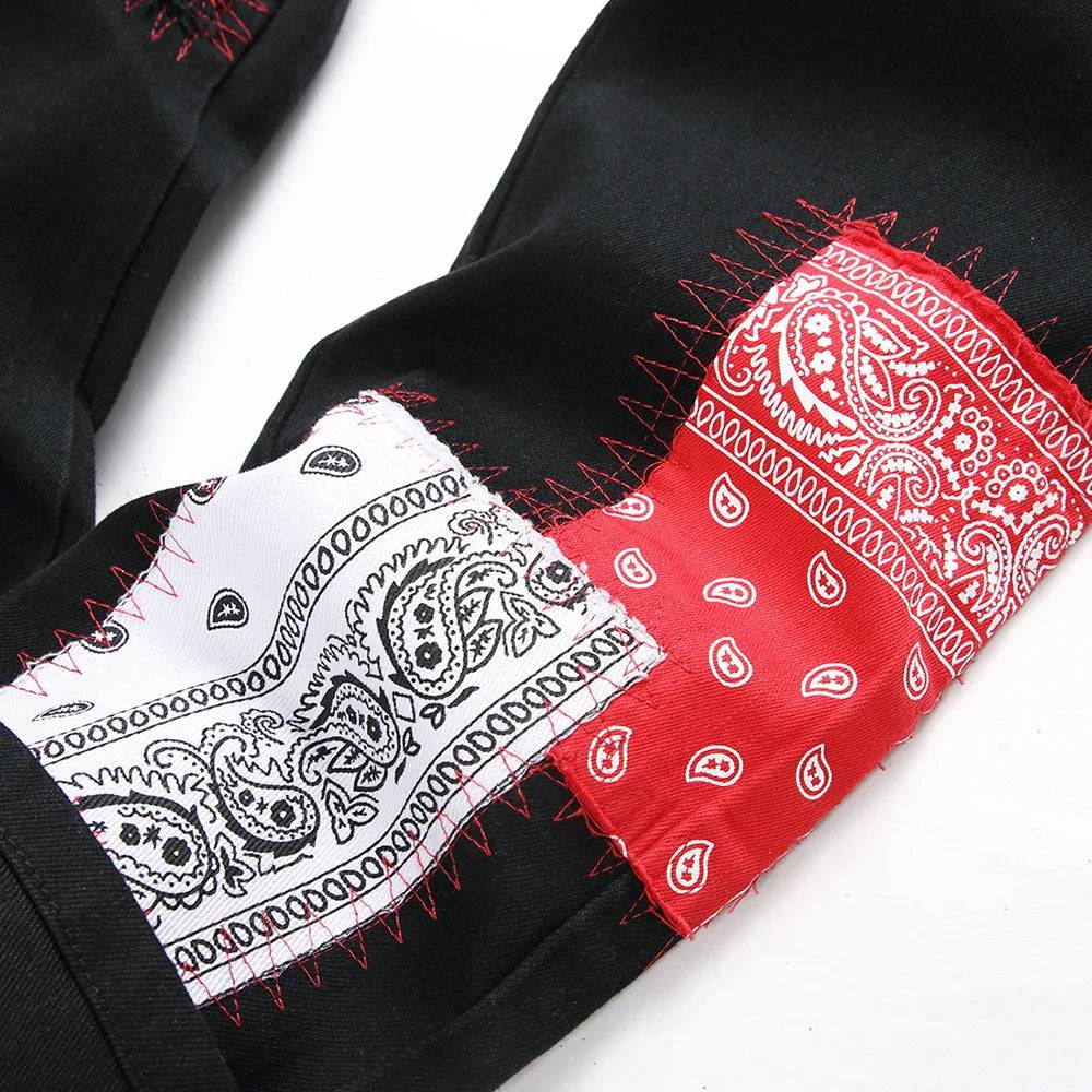 Men Bandana Paisley Patches Jeans Pockets Cargo Black Stretch Letters Print Slim Tapered