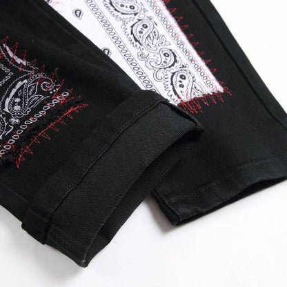 Men Bandana Paisley Patches Jeans Pockets Cargo Black Stretch Letters Print Slim Tapered