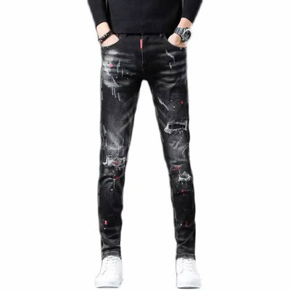 Casual Ripped Jeans Men's Patch Cowboy Paint Splash Ink Black Pencil Pants Skinny Jeans Men - Xmaker