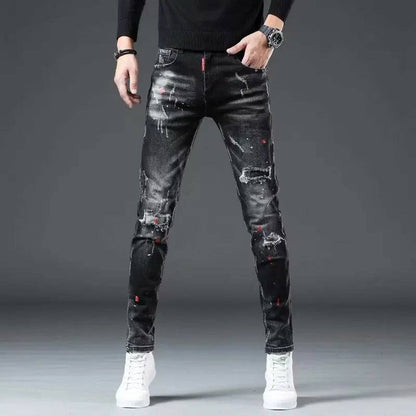 Casual Ripped Jeans Men's Patch Cowboy Paint Splash Ink Black Pencil Pants Skinny Jeans Men