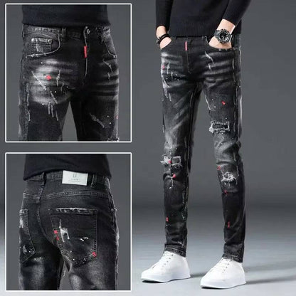 Casual Ripped Jeans Men's Patch Cowboy Paint Splash Ink Black Pencil Pants Skinny Jeans Men