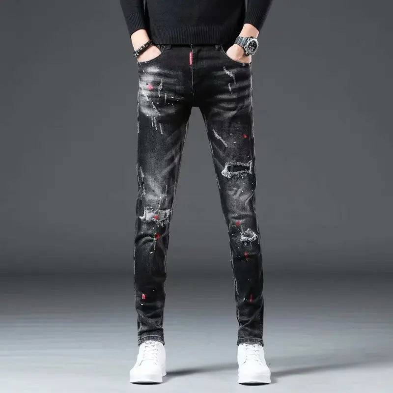 Casual Ripped Jeans Men's Patch Cowboy Paint Splash Ink Black Pencil Pants Skinny Jeans Men