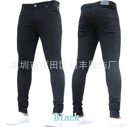 Men Jeans Pencil Pants Solid Color Mid Waist Slim Fit Pockets Slight Stretch  Ankle Length Denim Casual Zipper