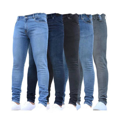 Men Jeans Pencil Pants Solid Color Mid Waist Slim Fit Pockets Slight Stretch  Ankle Length Denim Casual Zipper