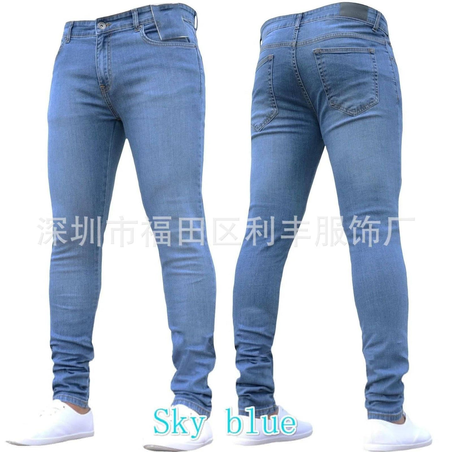 Men Jeans Pencil Pants Solid Color Mid Waist Slim Fit Pockets Slight Stretch  Ankle Length Denim Casual Zipper