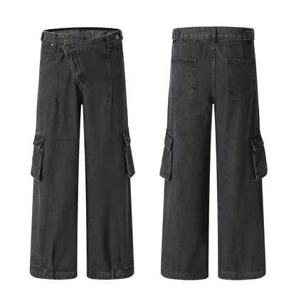 Retro Deconstructed Oblique Placket Wide-leg Workwear Jeans - Xmaker