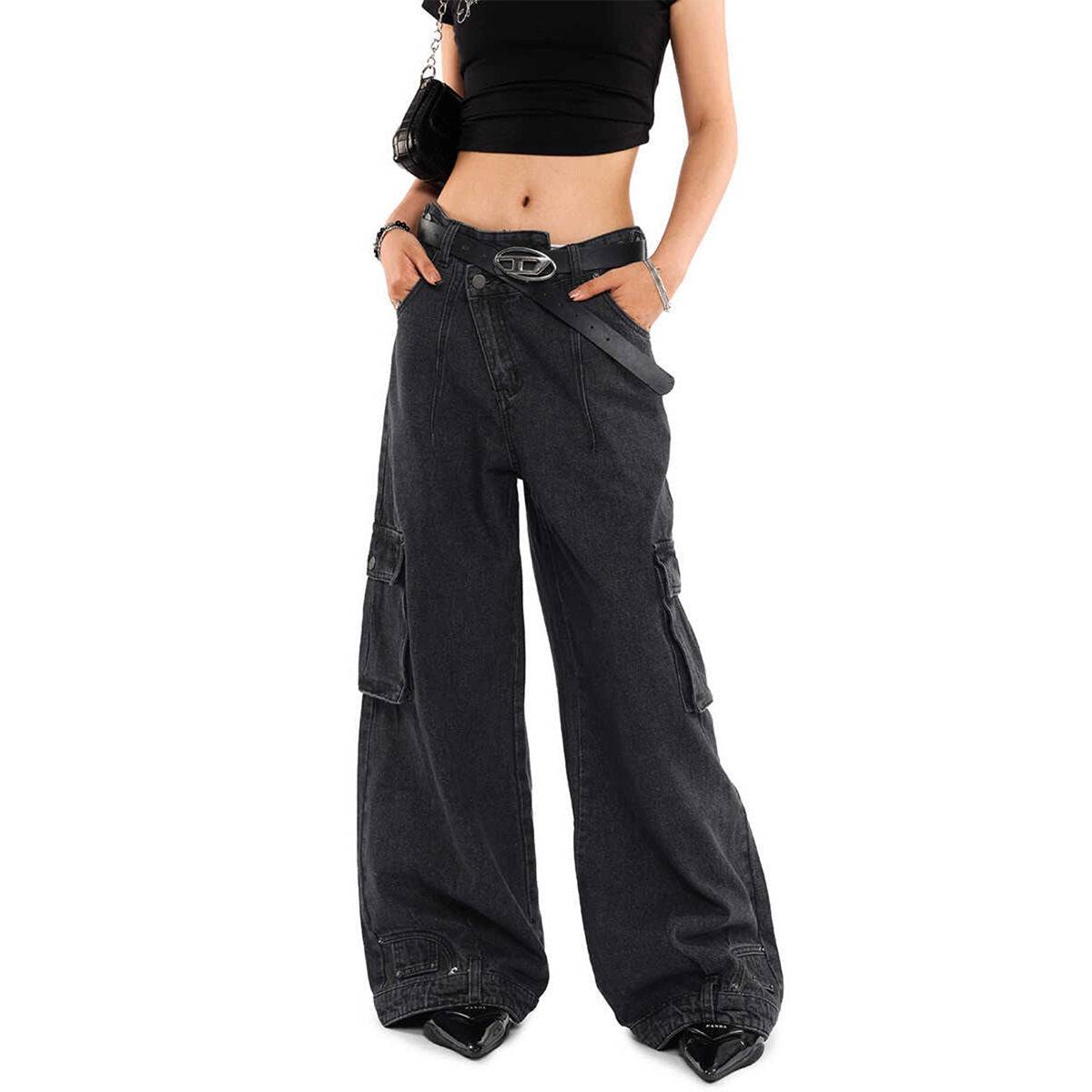 Retro Deconstructed Oblique Placket Wide-leg Workwear Jeans - Xmaker