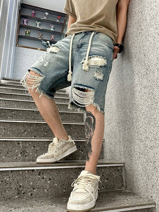 Men's Summer Street Style Ripped Dye Design Denim Shorts with High Stretch Knee Length Comfort