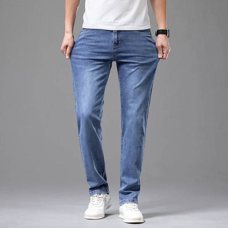 Men's Elastic Cotton Jeans Gray Comfortable Business Straight Casual Pants