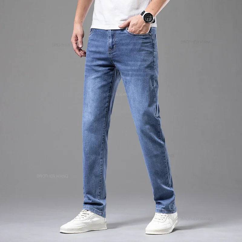 Men's Elastic Cotton Jeans Gray Comfortable Business Straight Casual Pants