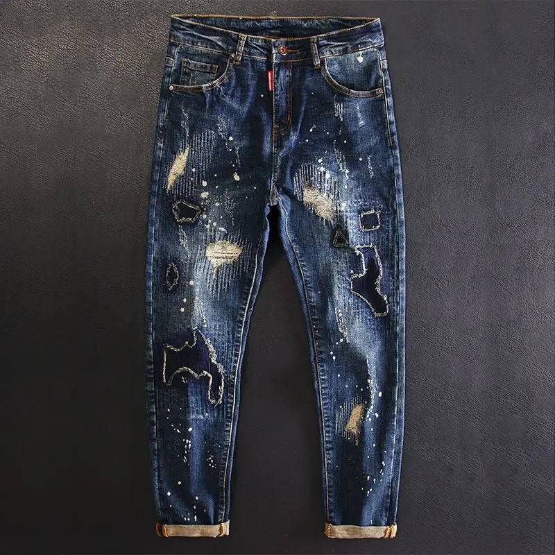 Jeans for Men Cropped Ripped Tapered Male Cowboy Pants