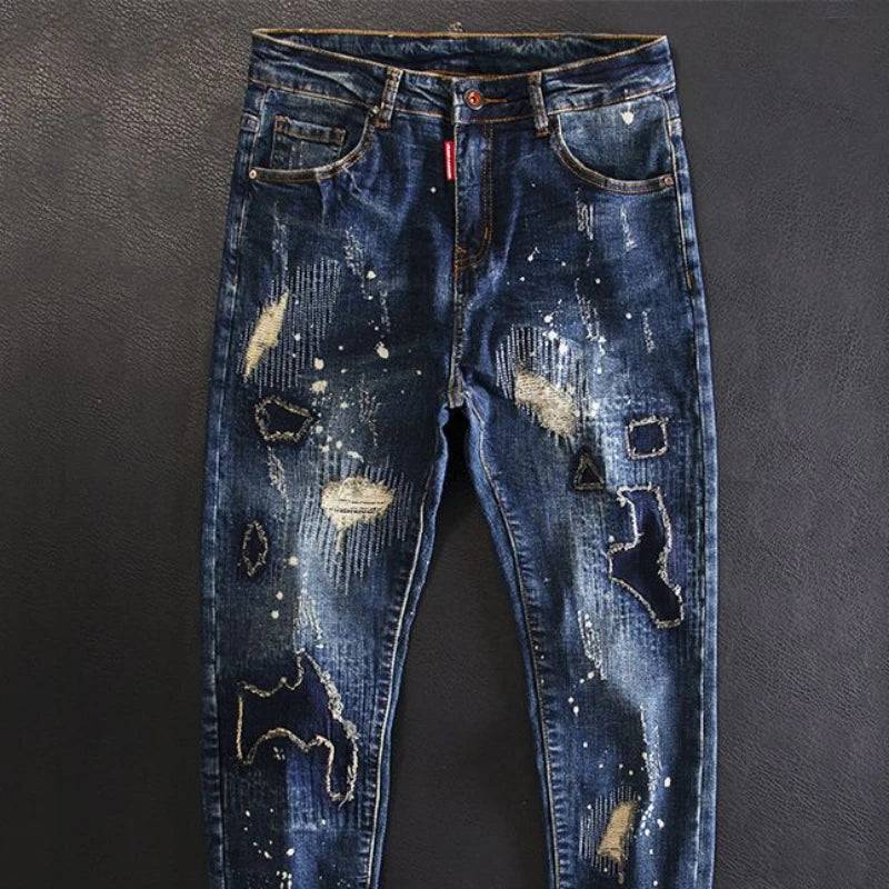 Jeans for Men Cropped Ripped Tapered Male Cowboy Pants