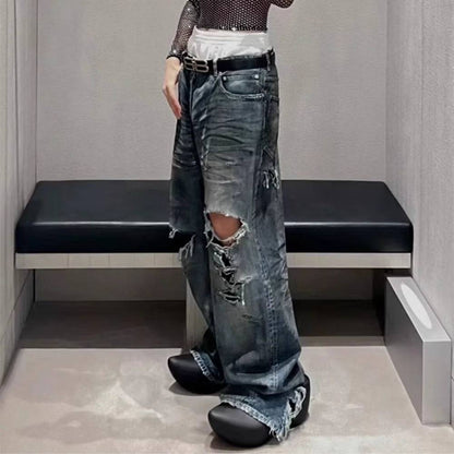 Frayed Damaged Hole Baggy Wide Leg Oversized Cargo Jeans