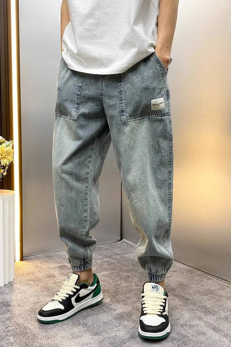 Men Wide Leg Loose Fit Tapered Elastic Waist Harem Jeans