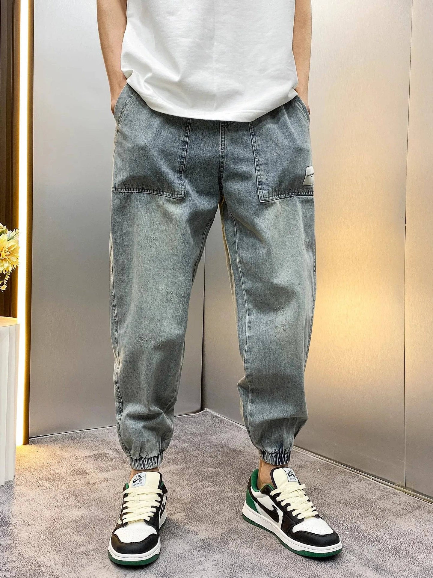 Men Wide Leg Loose Fit Tapered Elastic Waist Harem Jeans