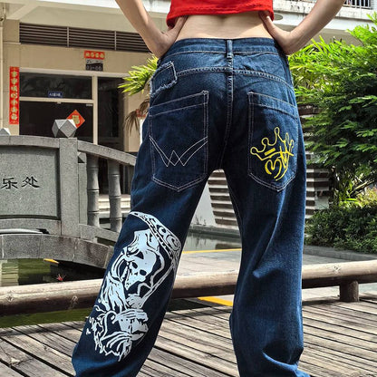 Skeleton Printed Gothic Baggy Vintage High Waist Wide Leg Jeans