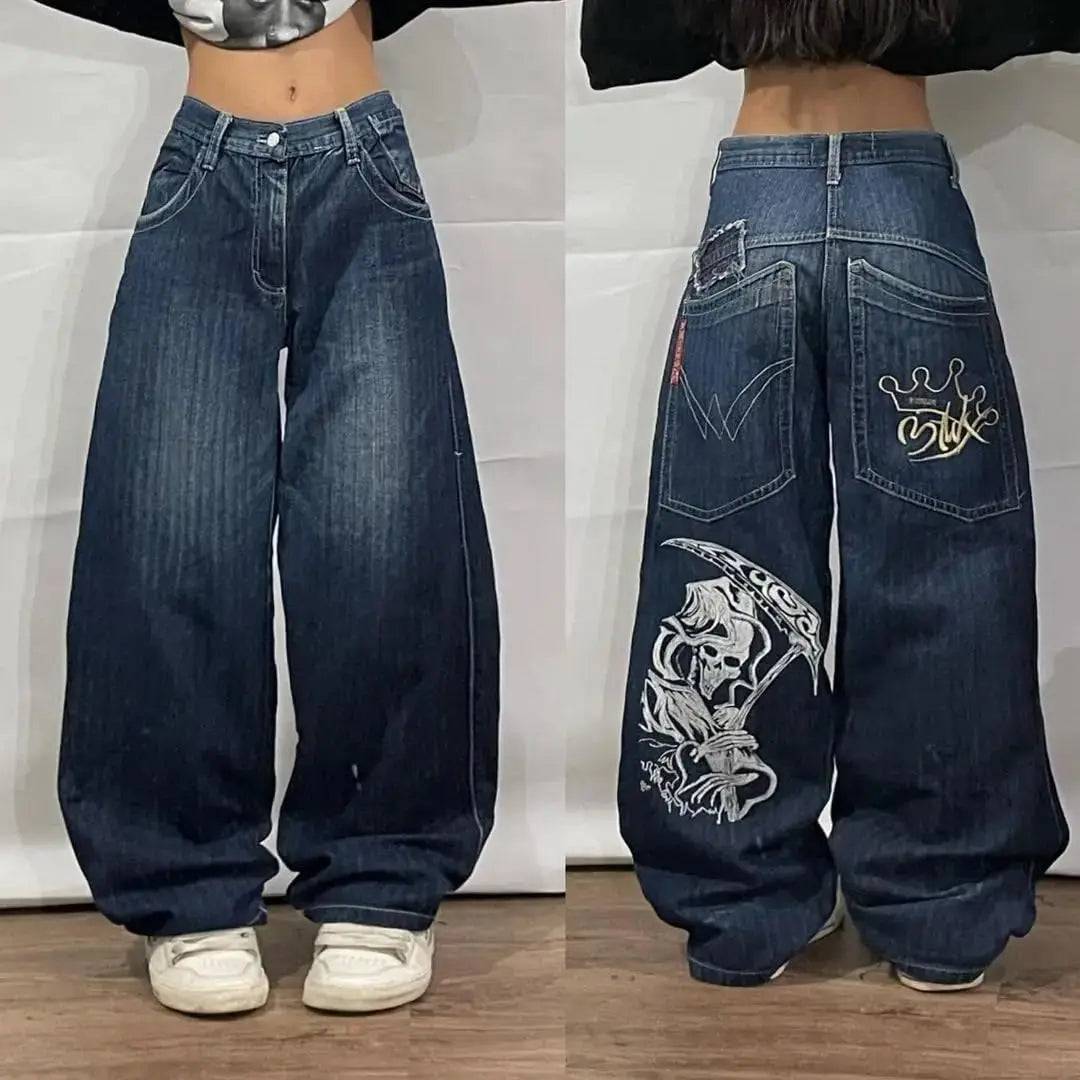 Skeleton Printed Gothic Baggy Vintage High Waist Wide Leg Jeans