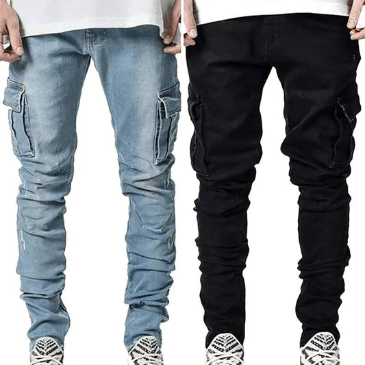 Men Wash Multi Pockets Mid Waist Cargo Denim Jeans