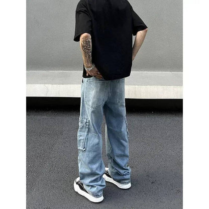 Men's Multi Pockets Washed Blue Baggy Jeans Cargo Pants