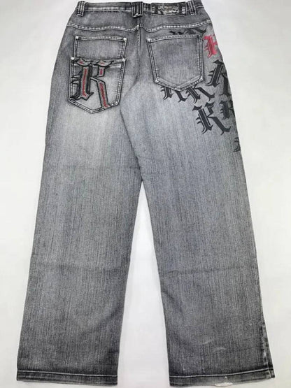 Vintage Print Jeans Washed Gray Straight Pants - Xmaker