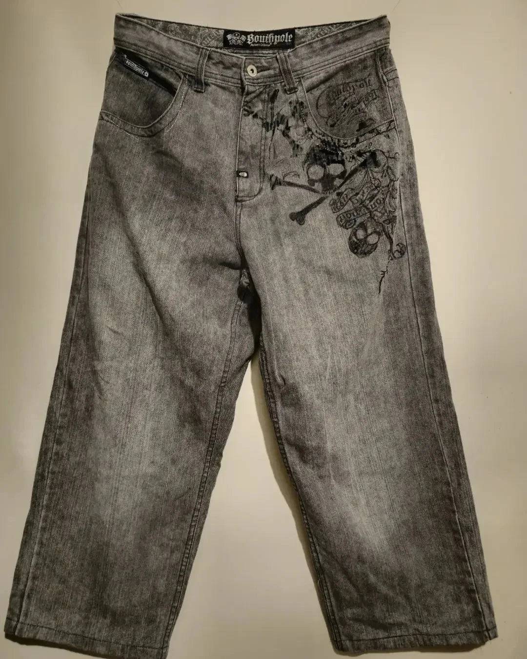 Vintage Print Jeans Washed Gray Straight Pants - Xmaker