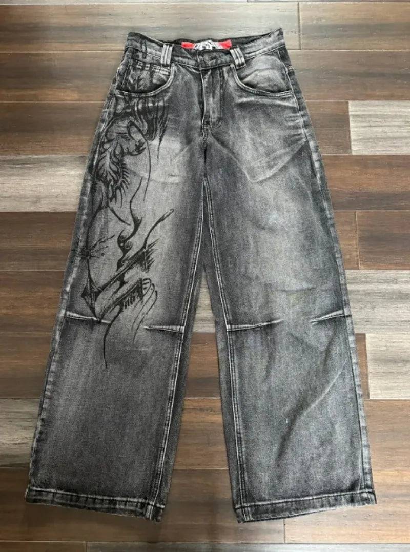 Vintage Print Jeans Washed Gray Straight Pants - Xmaker