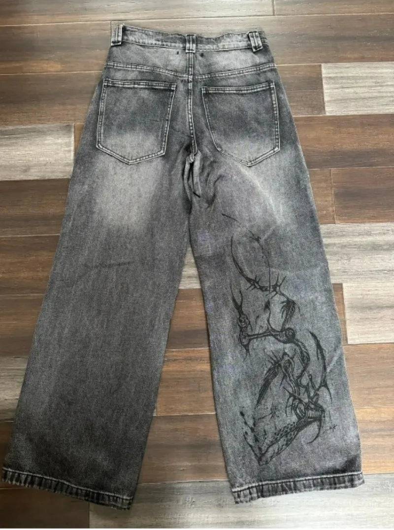 Vintage Print Jeans Washed Gray Straight Pants