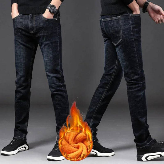 Men Warm Thermal Brushed Cowboy Jeans  Fleece Stretch Slim Fit Pants Thick Velvet