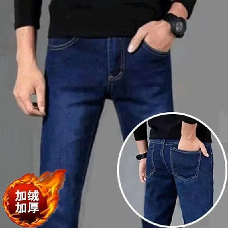 Men's Brushed Velvet Fleece Thermal Elastic Plush Thicken Slim Jeans - Xmaker