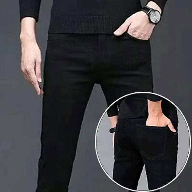 Men's Brushed Velvet Fleece Thermal Elastic Plush Thicken Slim Jeans - Xmaker