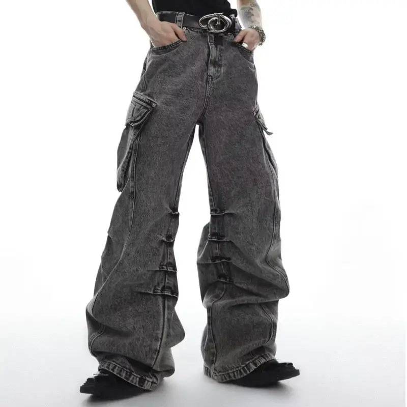 American style retro washed straight wide leg jeans