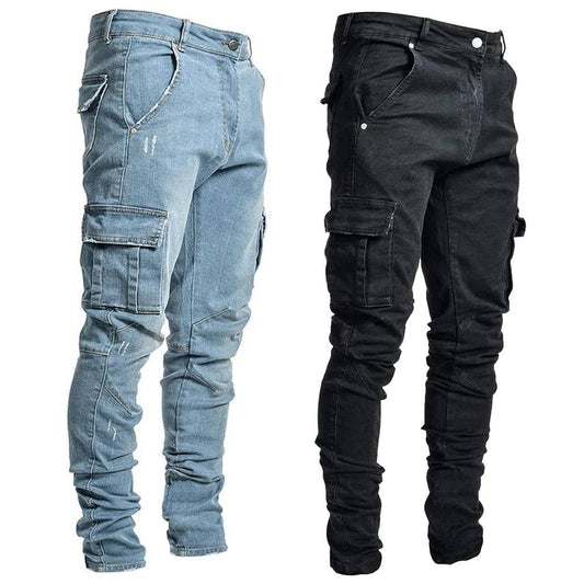 Men Denim Cargo Pants Wash Solid Color Multi Pockets