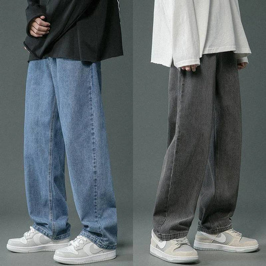 Men's Casual Hip Hop Long Baggy Jeans Classic Man Straight Wide Leg Denim Pants Light Blue Grey Black Streetwear