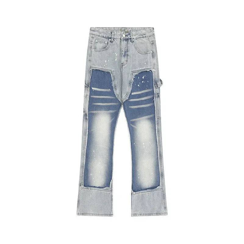 American Style High Street Vibe Fringe Patching Destructive Wood Pants Washing Gradient Straight-leg Jeans Hip Hop Style