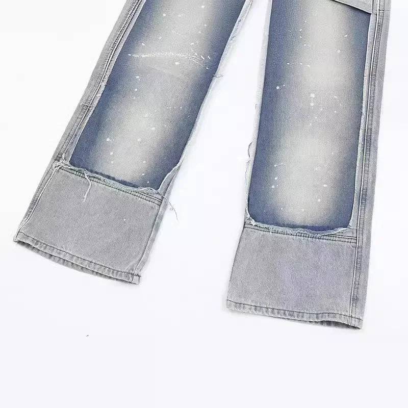 American Style High Street Vibe Fringe Patching Destructive Wood Pants Washing Gradient Straight-leg Jeans Hip Hop Style