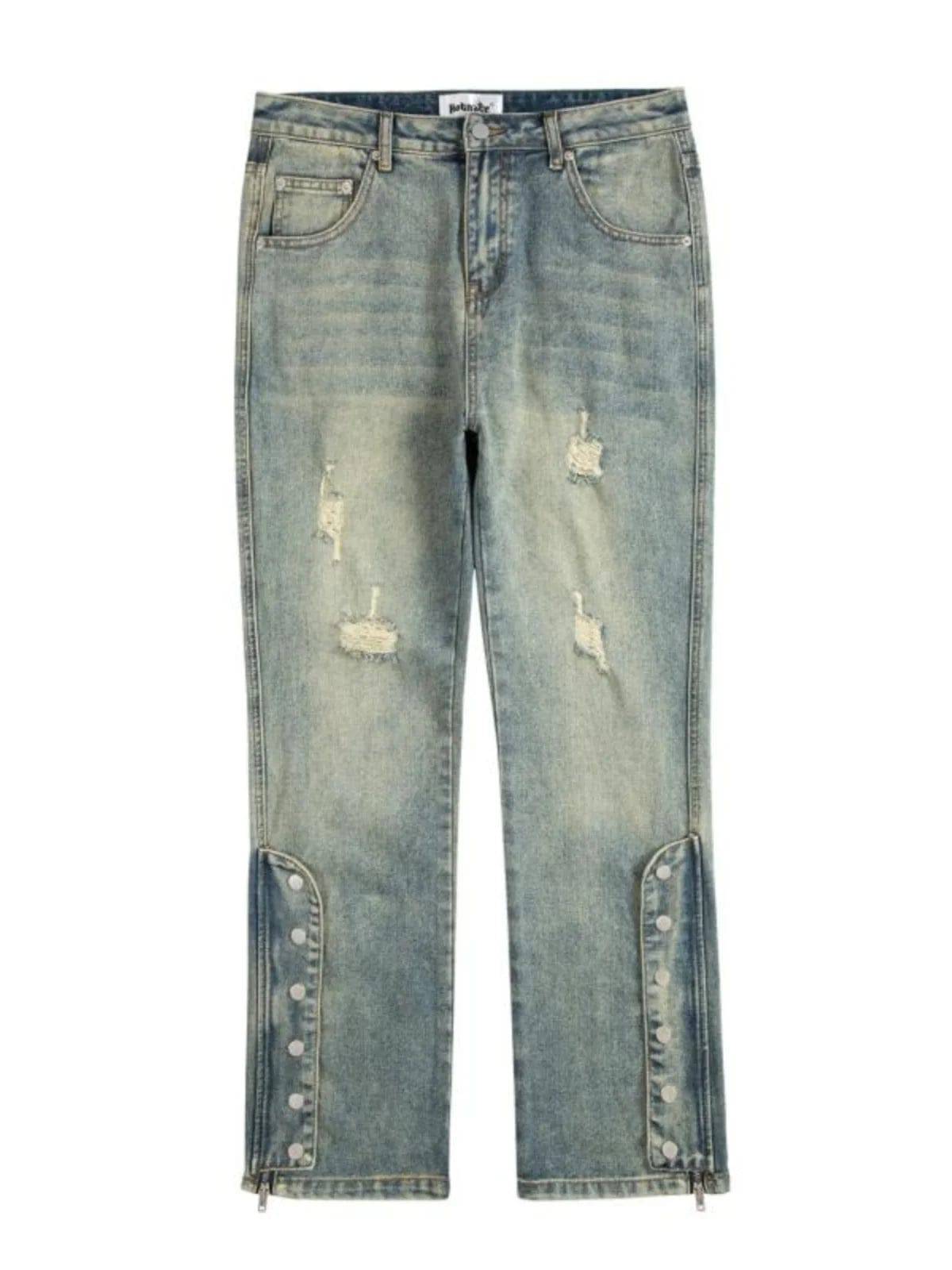 Men Blue Washed Jeans Relaxed Fit Side Zipper Buckle Tapered Jeans Pants  Denim Pants Vintage