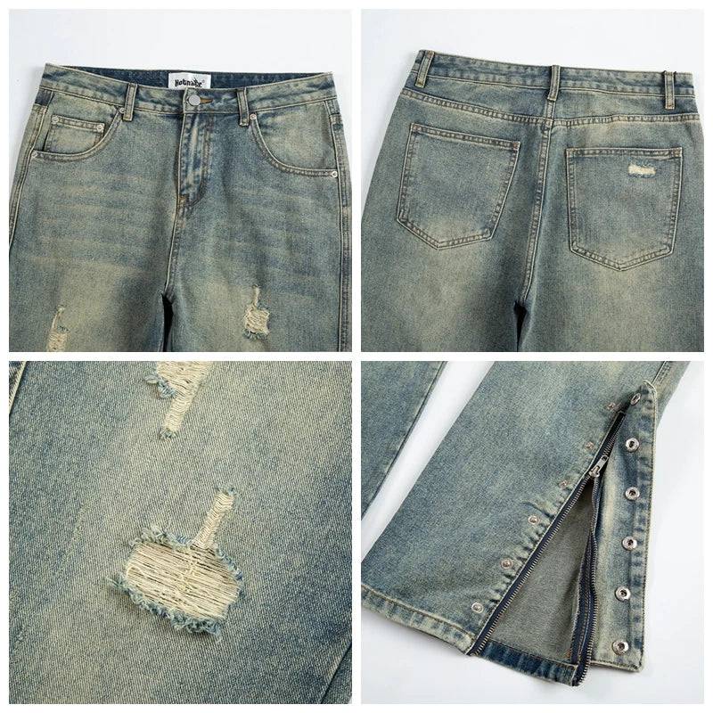 Men Blue Washed Jeans Relaxed Fit Side Zipper Buckle Tapered Jeans Pants  Denim Pants Vintage