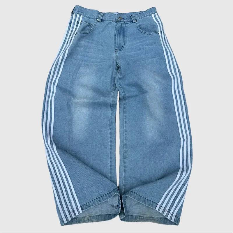 Y2K Baggy Jeans Embroidered Striped Sweatpants Casual wide leg Denim Pants