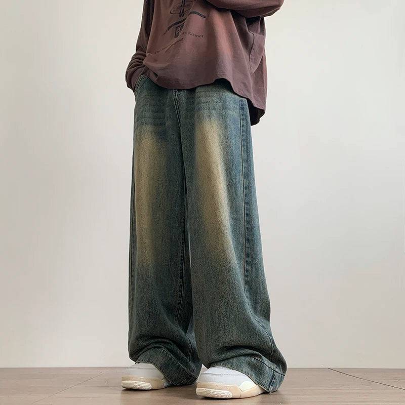 Men Distressed Vintage Wide-leg Denim Jeans