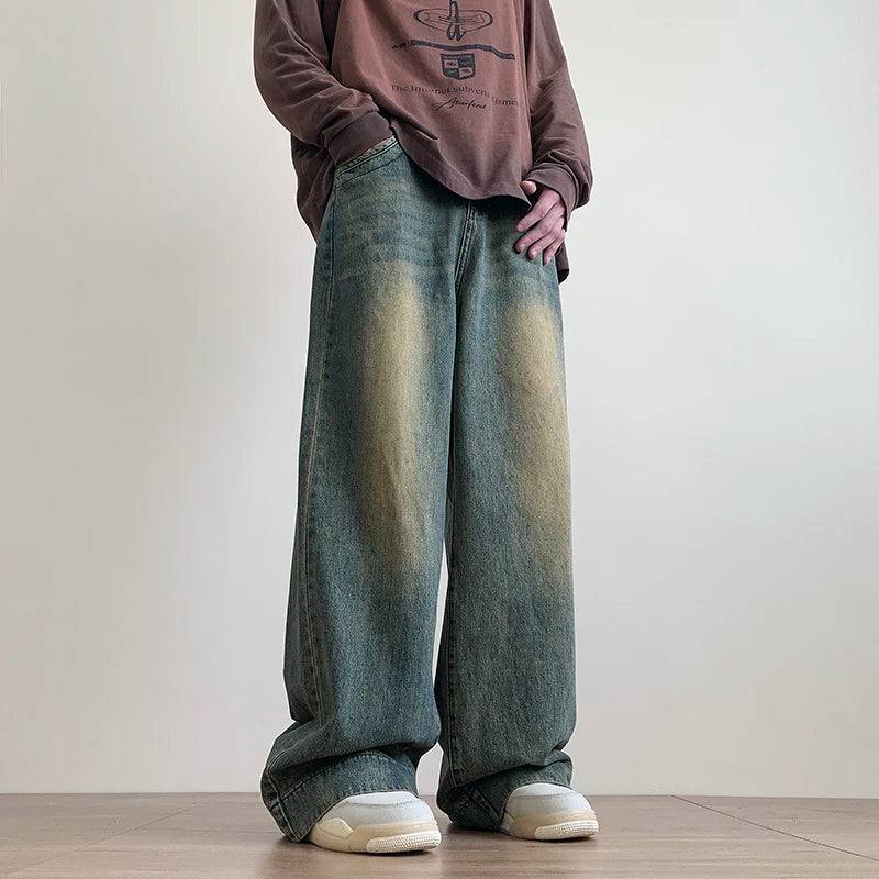 Men Distressed Vintage Wide-leg Denim Jeans