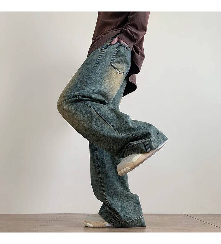 Men Distressed Vintage Wide-leg Denim Jeans