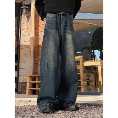 Retro washed wide leg casual jeans