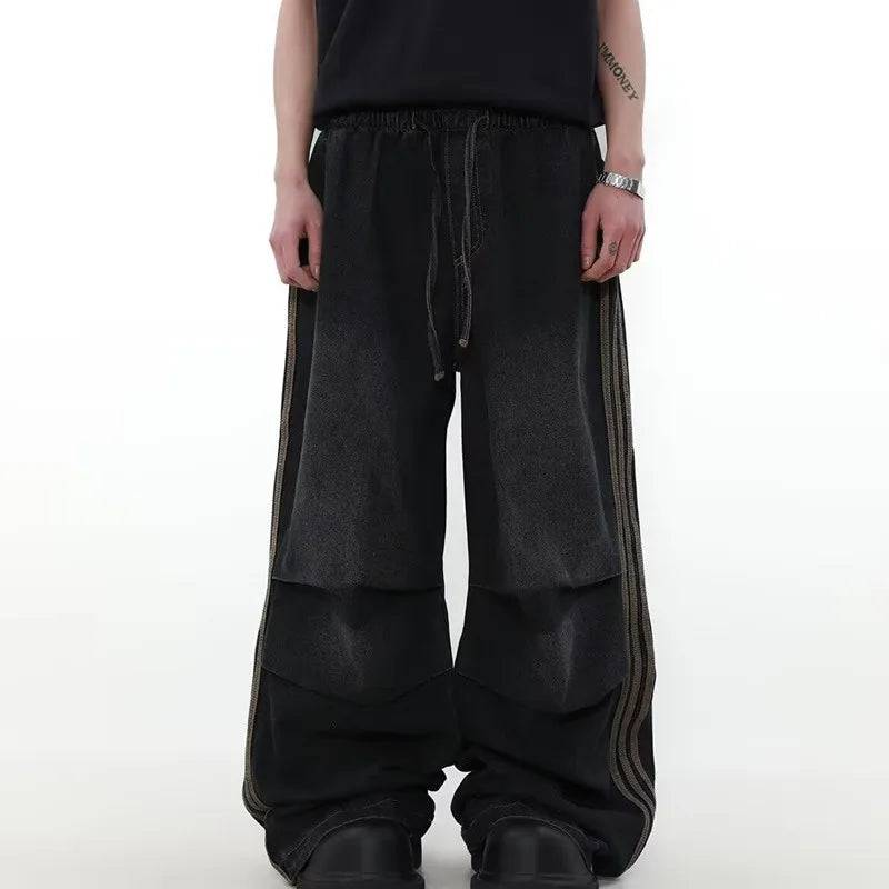 Men Elastic Waist Striped Pleated Baggy Jeans Washed Black Wide Leg