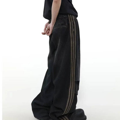 Men Elastic Waist Striped Pleated Baggy Jeans Washed Black Wide Leg