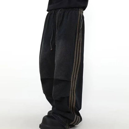 Men Elastic Waist Striped Pleated Baggy Jeans Washed Black Wide Leg