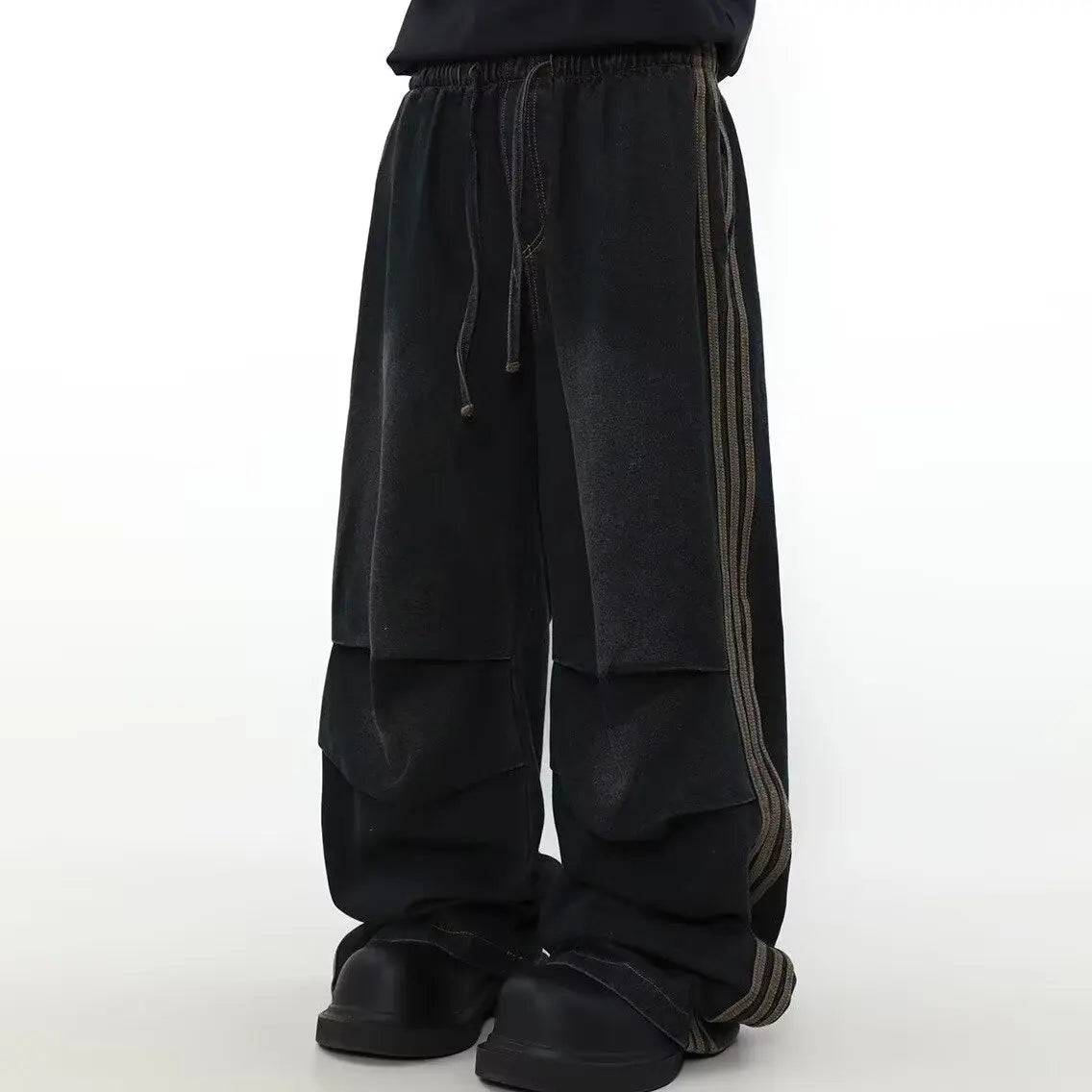 Men Elastic Waist Striped Pleated Baggy Jeans Washed Black Wide Leg